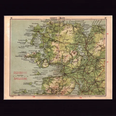 County Mayo Ireland Coloured Mounted Antique Map.