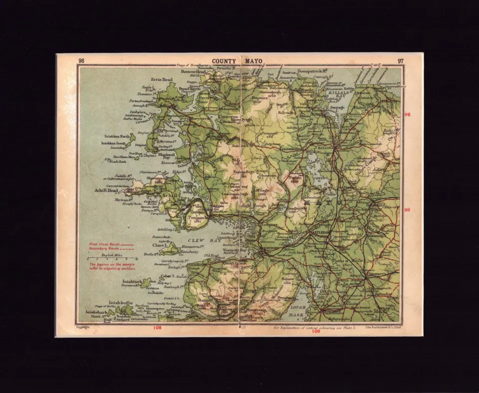 County Mayo Ireland Coloured Mounted Antique Map.