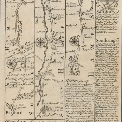Britannia Depicta E Bowen c1730 Map Bagshot, Farnham, Southampton, Salisbury.