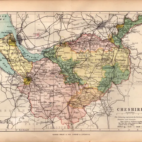 County Of Cheshire 1895 Antique Queen Victoria Coloured Map.