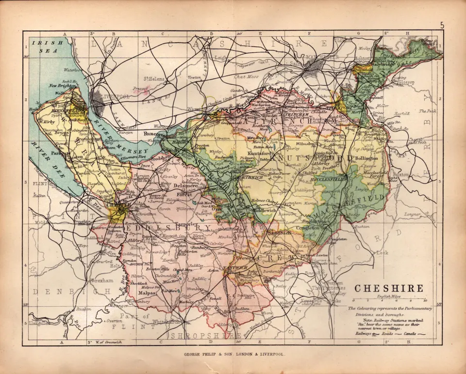 County Of Cheshire 1895 Antique Queen Victoria Coloured Map.