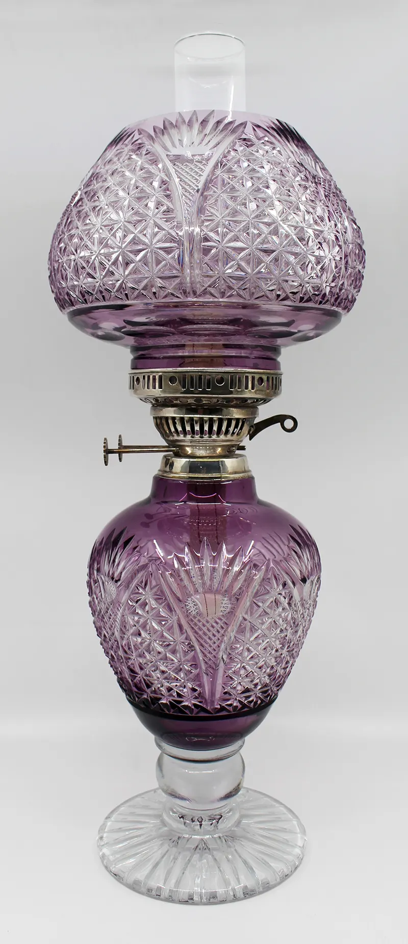 Very Fine English Cut Glass Amethyst Overlay Crystal Oil Lamp