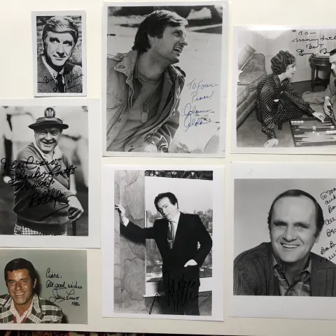 COMEDY ACTORS; Leslie Neilson, Jerry Lewis, Bob Hope, George Burns, Jackie Mason & more signatures.