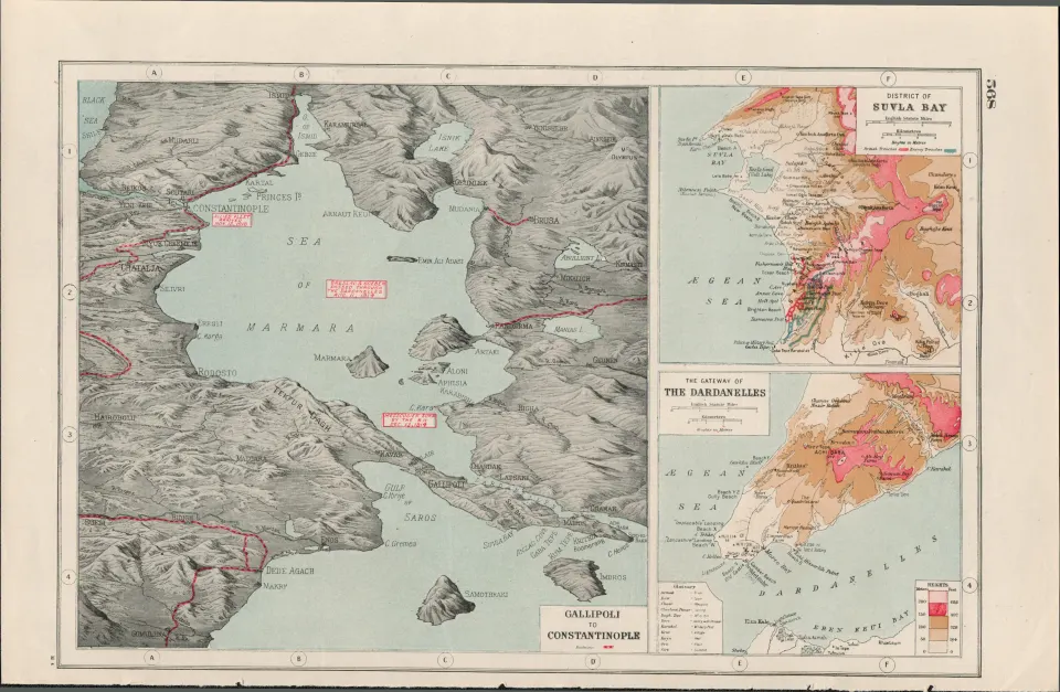 WW1 Gallipoli The Dardanelles Coloured Antique Map 1922.