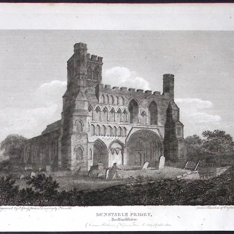 Dunstable Abbey Bedford Antique 225 Years-Old Georgian Steel-Engraving-411