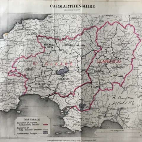 Antique 139 Years-Old Scarce Map Carmarthenshire Wales 1885 Boundary Changes.