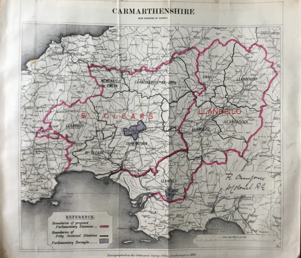 Antique 139 Years-Old Scarce Map Carmarthenshire Wales 1885 Boundary Changes.