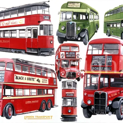 London Transport Trams Trolley Bus And Buses Montage Metal Wall Art