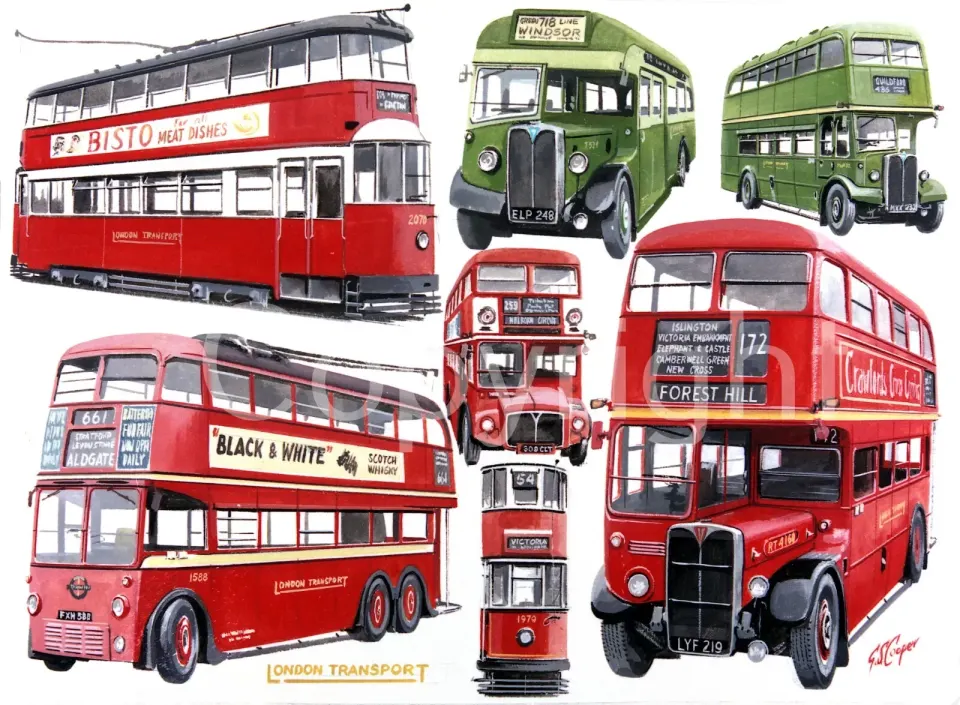 London Transport Trams Trolley Bus And Buses Montage Metal Wall Art