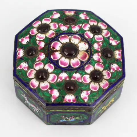 Antique Lucknow Silver Meenakari Octagonal Box, India, c.1890