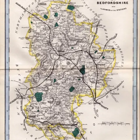 Bedfordshire Cruchley Scarce Antique Railways & Stations Coloured Map.