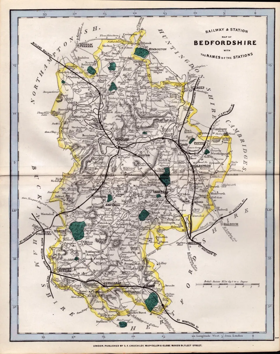 Bedfordshire Cruchley Scarce Antique Railways & Stations Coloured Map.