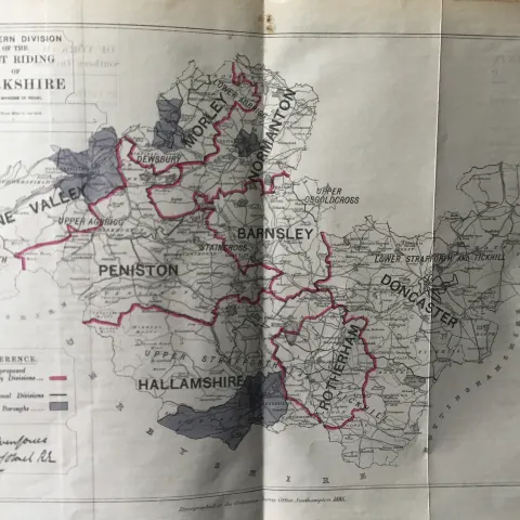 Antique 139 Years-Old Scarce Map South West Riding Yorkshire 1885 Boundary Changes.