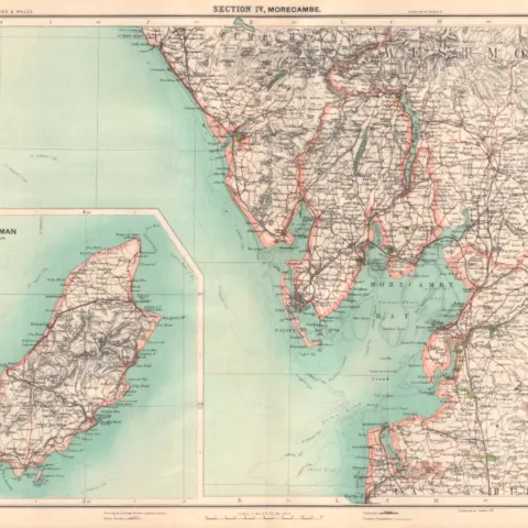 Victorian Antique Large  1897 Map Morecambe, Isle of Man, Lake District.