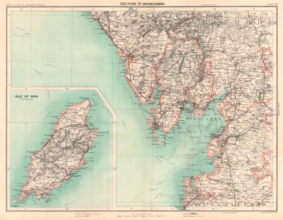 Victorian Antique Large  1897 Map Morecambe, Isle of Man, Lake District.
