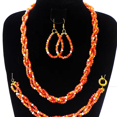 A Braded Necklace, Bracelet & Earrings Set With Carnelian and Natural Pearls