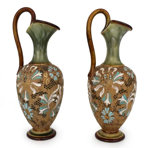 Pair of Edwardian Art Nouveau Doulton & Slaters Stoneware Ewers