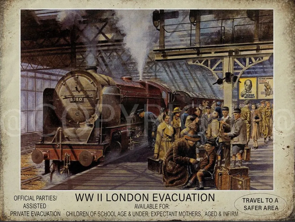 WW2 London Families Evacuations Nostalgic Steam Train Engine Metal Wall Art