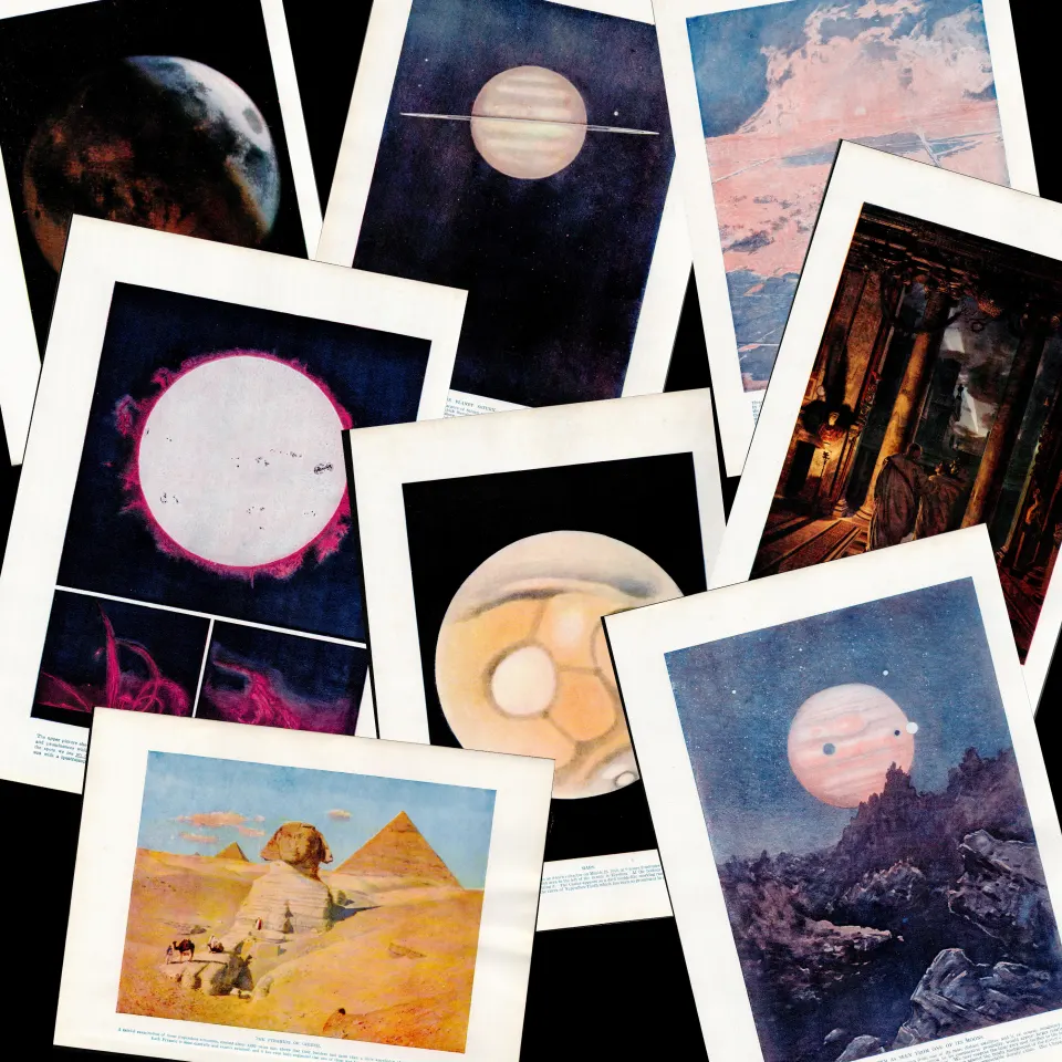 Collection of 8  Astronomy Space Planets Etc Antique Linen Book Plates.