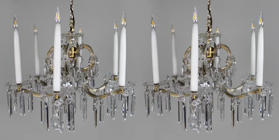 Pair of Mid-Century French Style Eight-Light Crystal Chandeliers