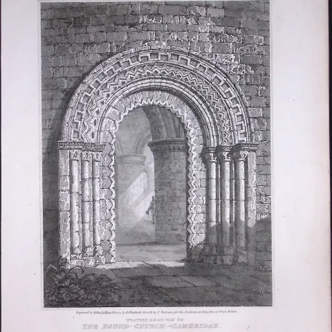 The Round Church Cambridge 190 Years-Old John Britton Antique Steel Engraving-187