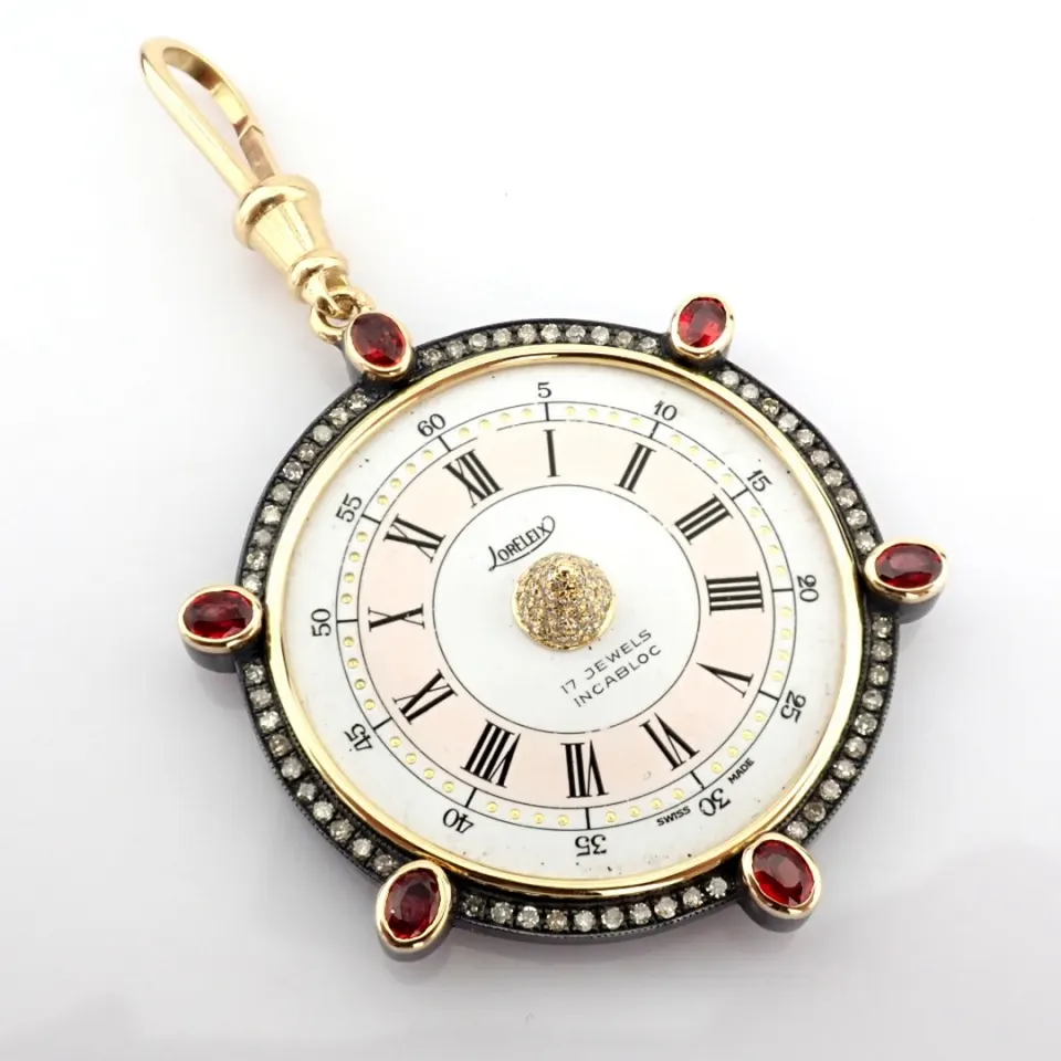 Pendant made of gold and silver with antique watch dial with precious colorful stones and diamonds