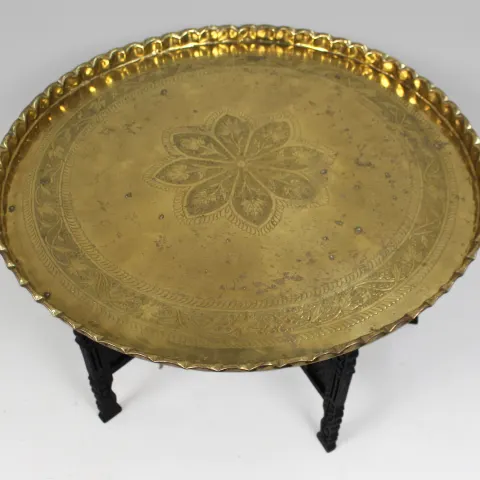 Large Middle Eastern Brass Tray Table on Carved Hardwood Folding Stand