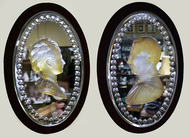 Pair of Mid 19th c. Victoria & Albert Carved Crystal Mirrored Plaques
