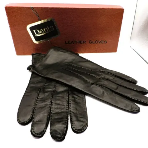 Vintage Dents Black Leather Silk Lined Gloves For Harrods Size 8 1/2 New In Original Box