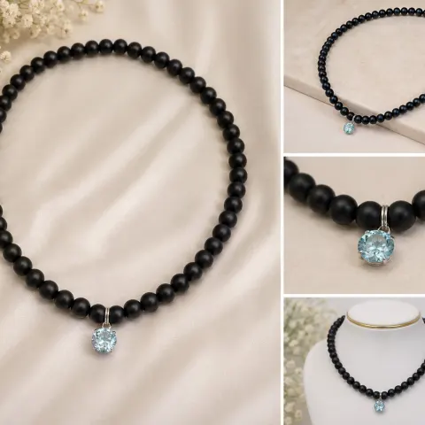 Black Bead Necklace with 9mm Natural Blue Topaz Pendant