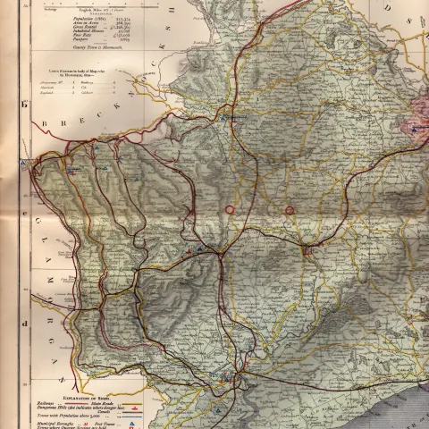 The County of Monmouthshire Large Victorian Letts 1884 Antique Coloured Map.