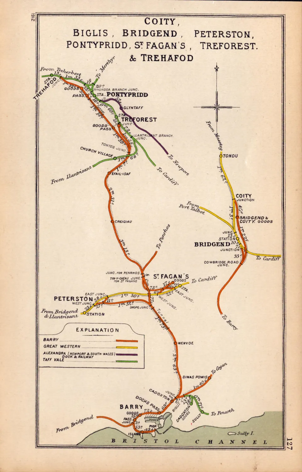 Barry Bridgend Pontypridd Trehafod Wales Antique Railway Diagram-127.