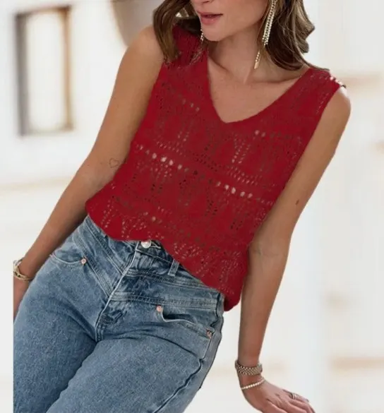 6 x Crochet Vest Top Summer Tops Ladies V Neck Lb35b sku-4035