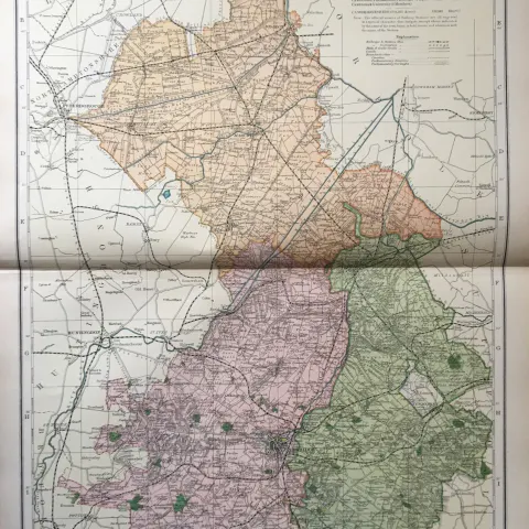 Coloured Antique Large Map Cambridgeshire GW Bacon 1904.