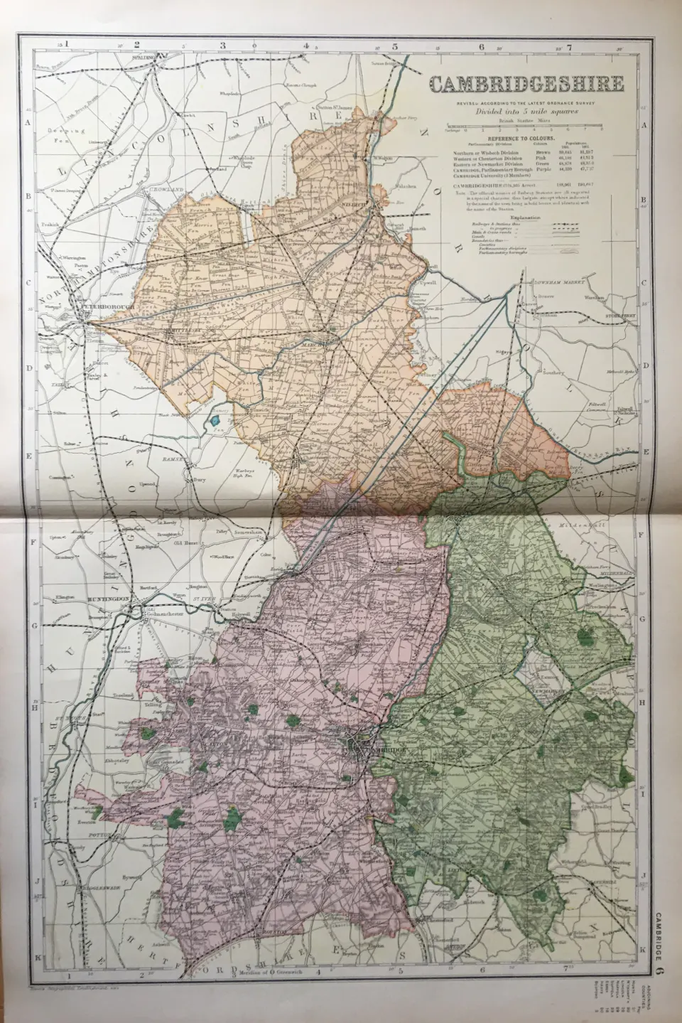 Coloured Antique Large Map Cambridgeshire GW Bacon 1904.