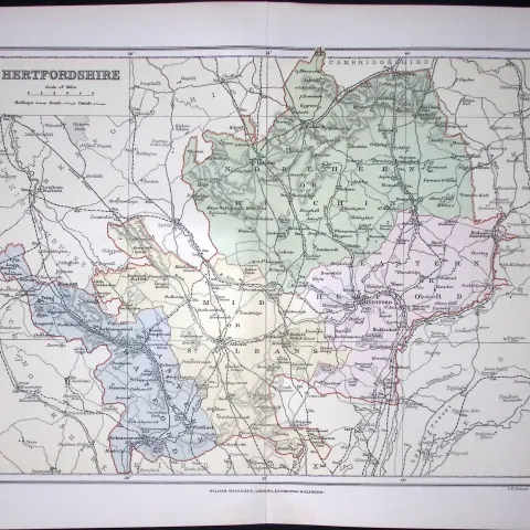 Hertfordshire  1894 Coloured Antique  130 Years-Old Map.