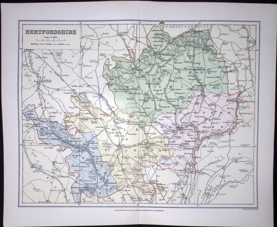 Hertfordshire  1894 Coloured Antique  130 Years-Old Map.