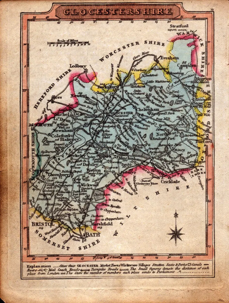 Gloucestershire Engraved Hand Coloured George IV. Antique Map.
