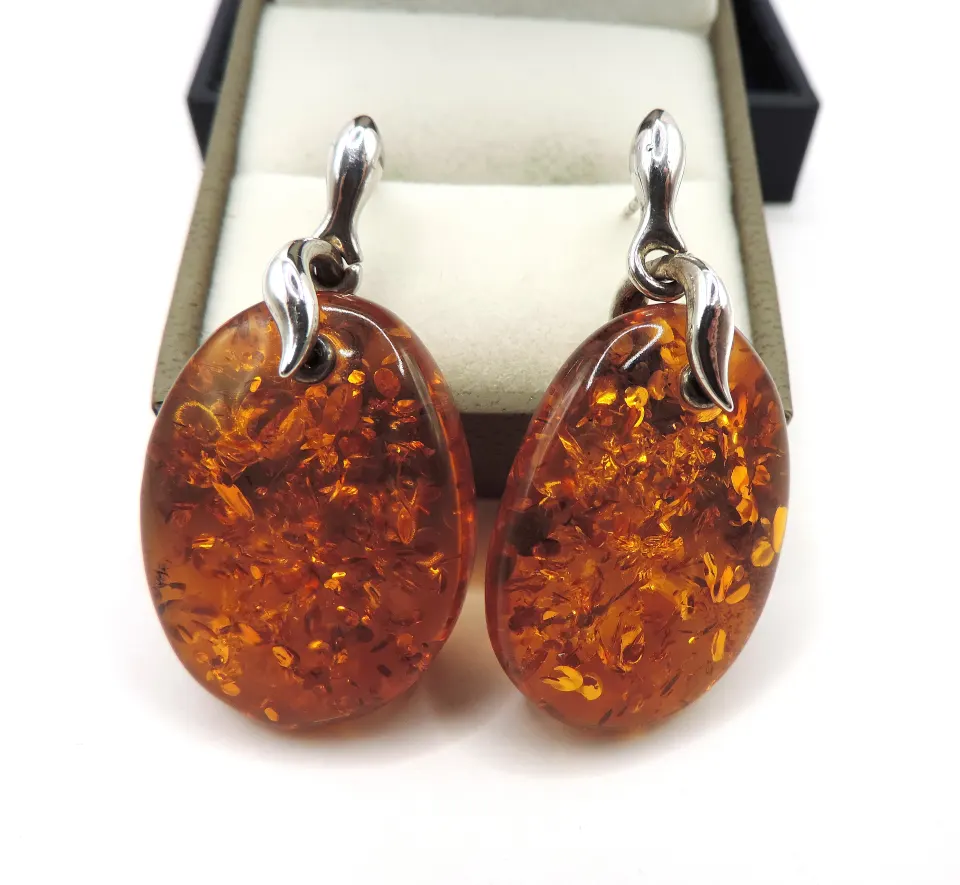  Sterling Silver Baltic Amber Earrings New With Gift Pouch