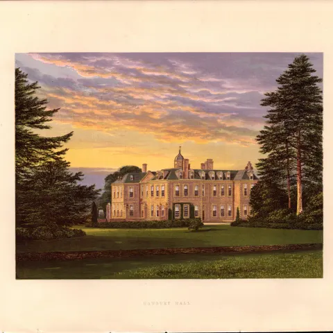 Hanbury Hall Bromsgrove Worcs Gilt-Edge Coloured Antique Book Plate.