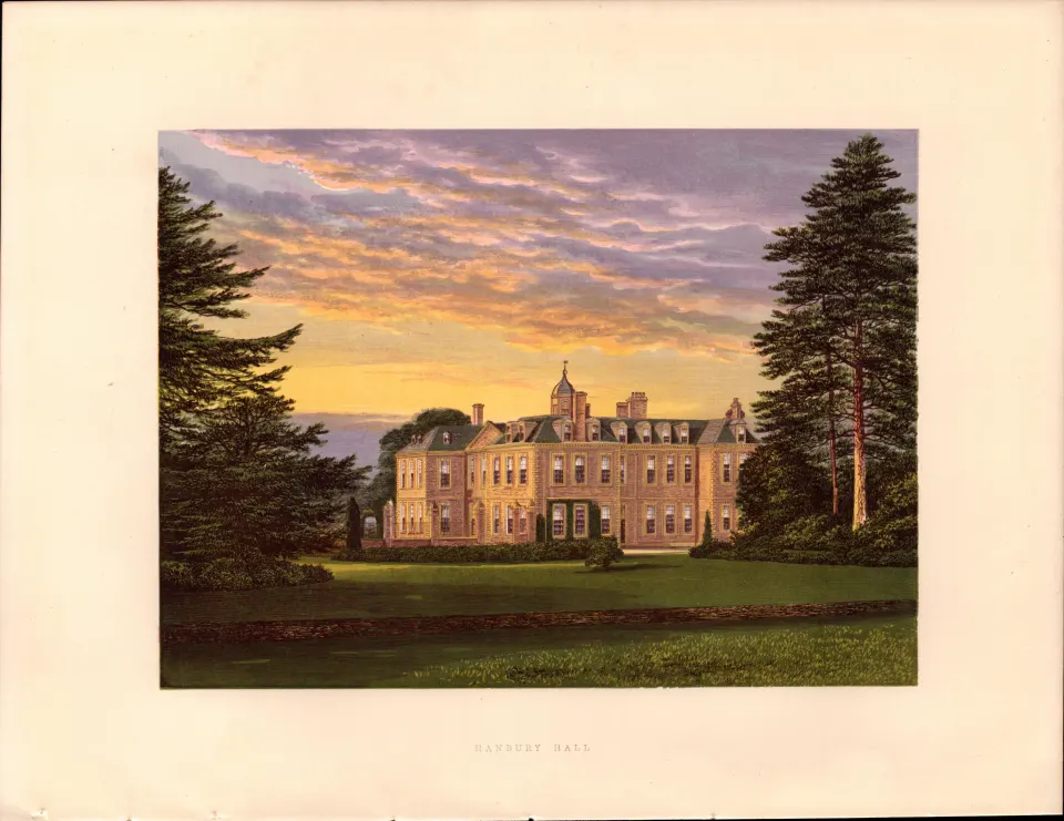 Hanbury Hall Bromsgrove Worcs Gilt-Edge Coloured Antique Book Plate.
