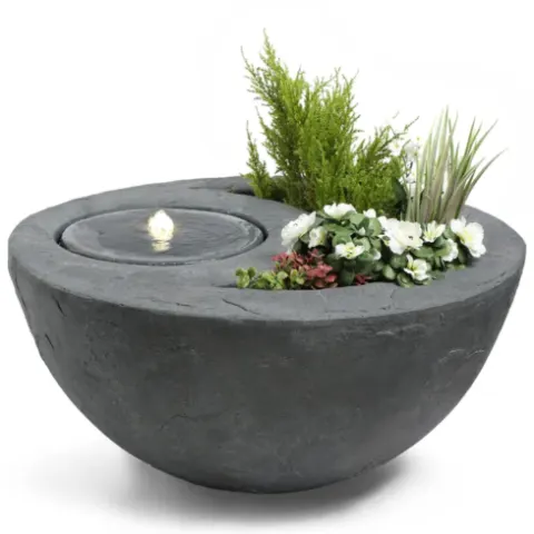 Outdoor Garden Dual Bowl Planter and Water Fountain with LED Light Grey (Ex-Display)
