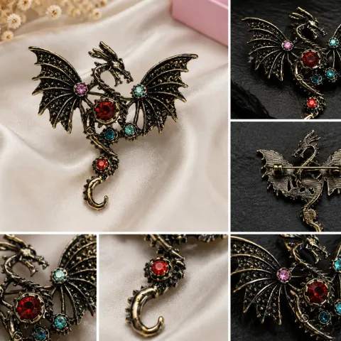Vintage Style Dragon Brooch with Multicolour Stones – 6 cm