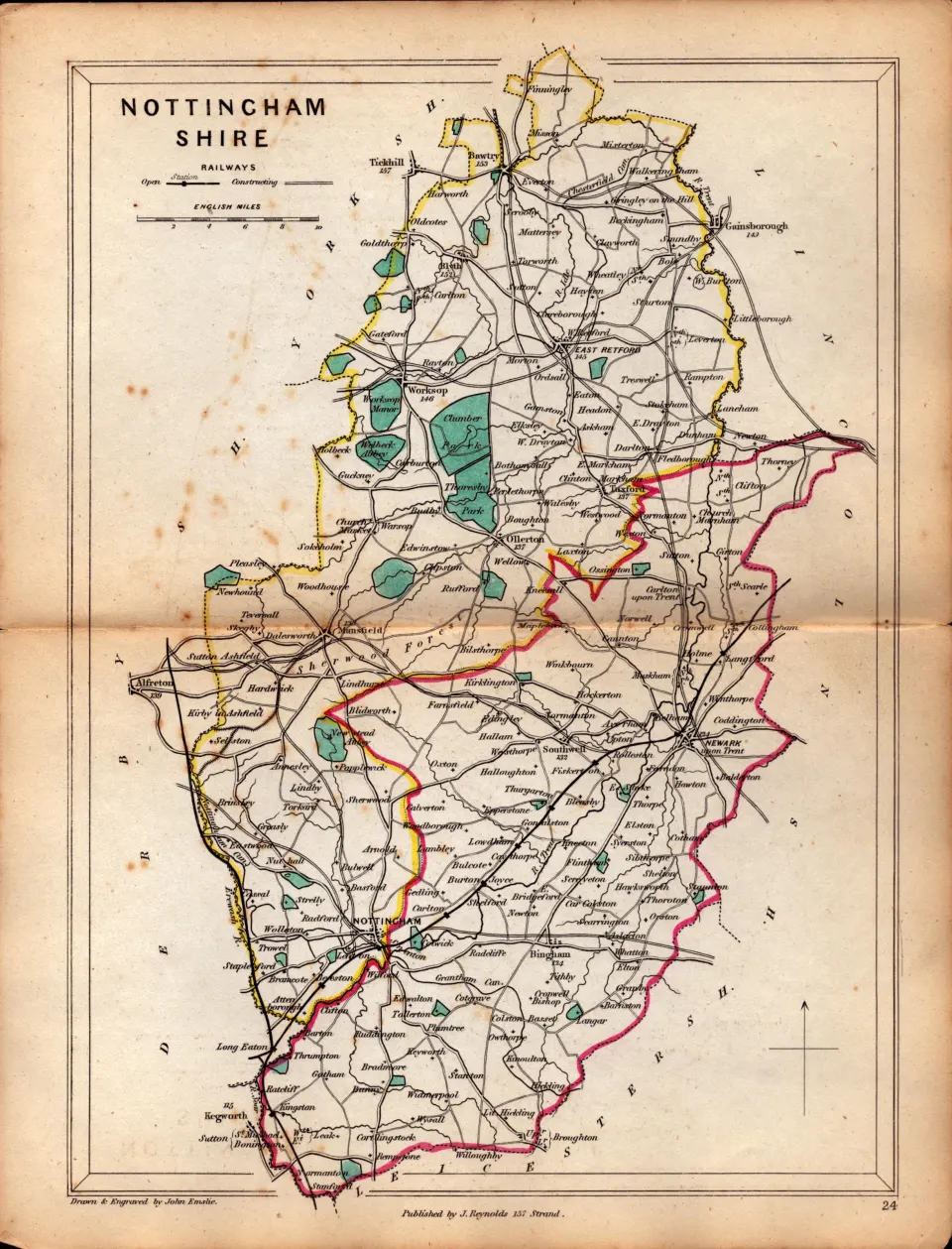 Antique Railway Map of Nottinghamshire Drawn & Engraved by John Emslie.
