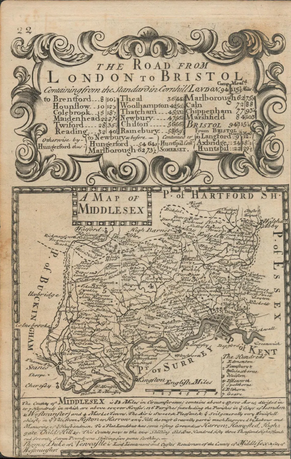 Britannia Depicta E Bowen Rare c1730 Map London To Bristol County  of Middlesex