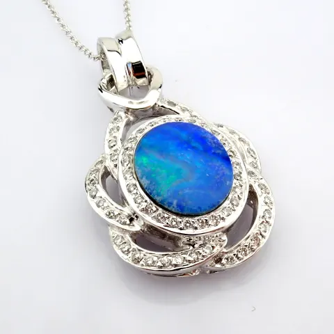 18K White Gold Necklace Detailed With Doublet Opal, Brilliant Diamonds