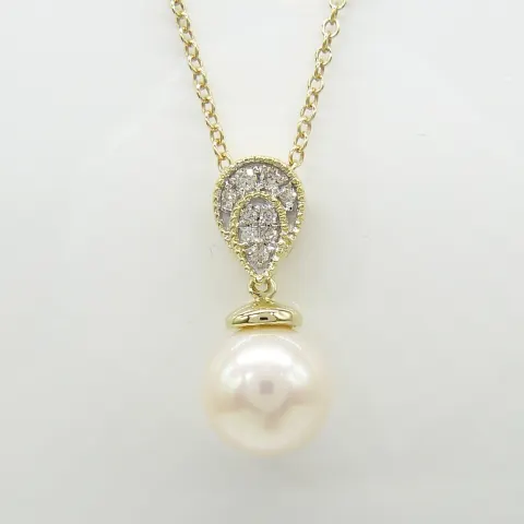 Classic Pearl and Diamond Tear Drop Pendant and Chain In 9ct Yellow Gold