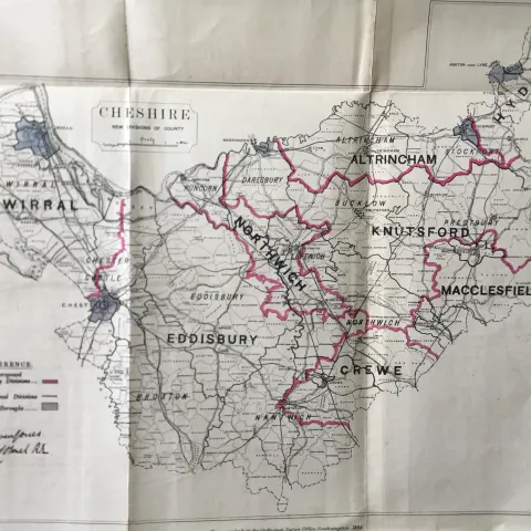 Antique 139 Years-Old Scarce Map County Cheshire 1885 Boundary Changes.