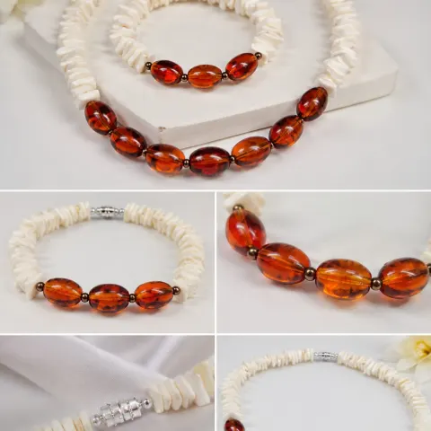 White Shell & Amber-Coloured Bead Necklace and Bracelet Set