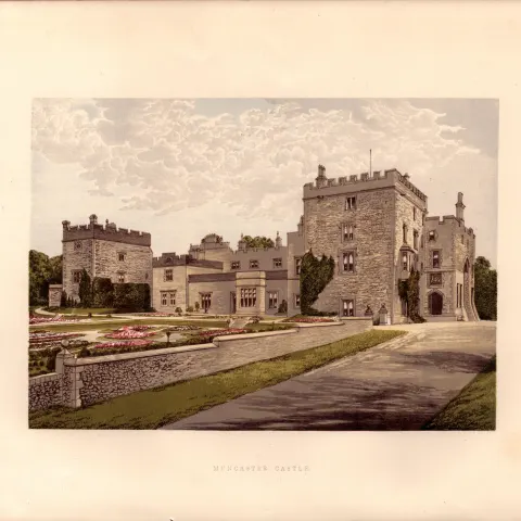 Muncaster Castle Ravenhead Cumbria Gilt-Edge Coloured Antique Book Plate.